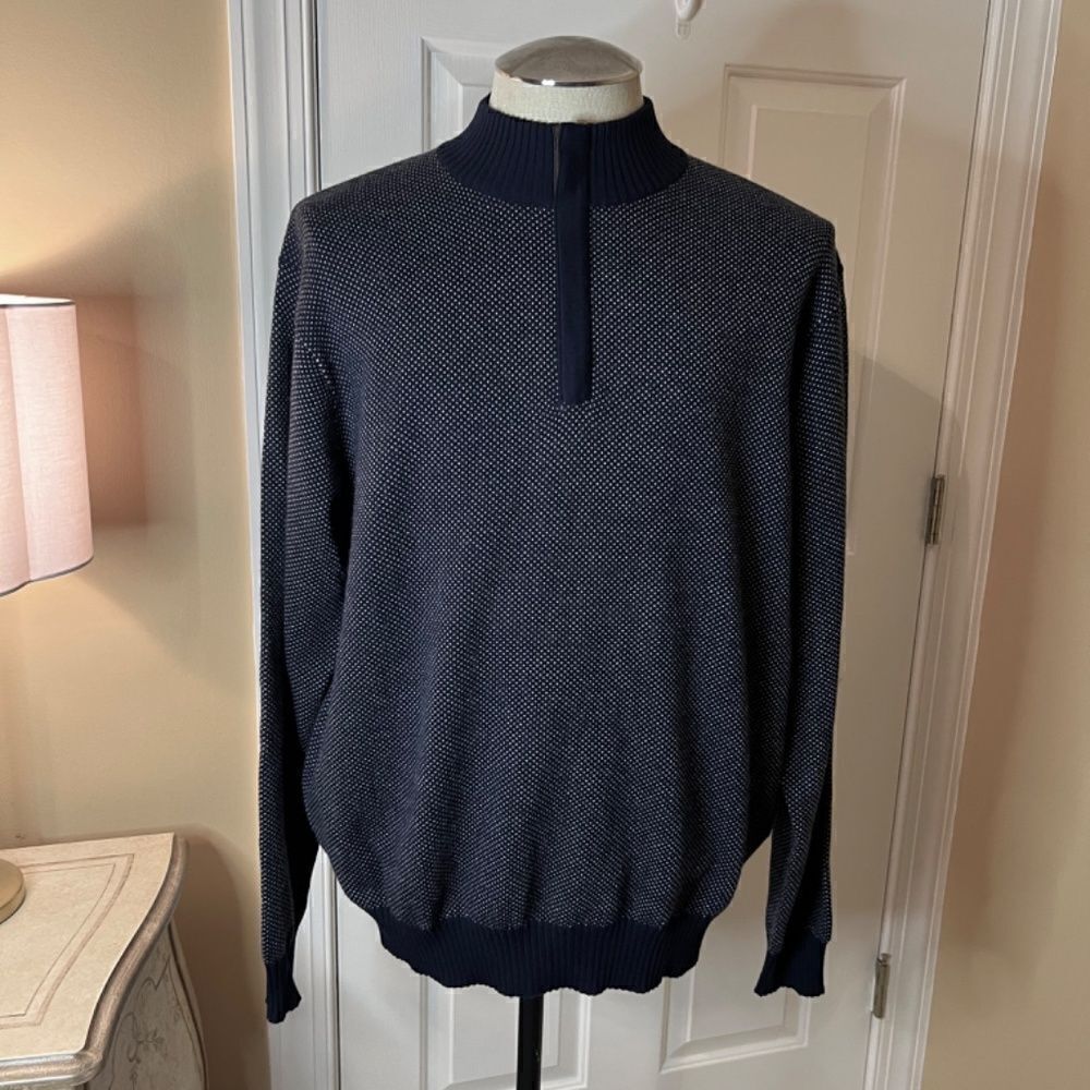 $278 NWOT Men's Peter Millar Jacquard Wool Quarter Zip Sweater Navy Dot Size XL - Picture 2 of 7